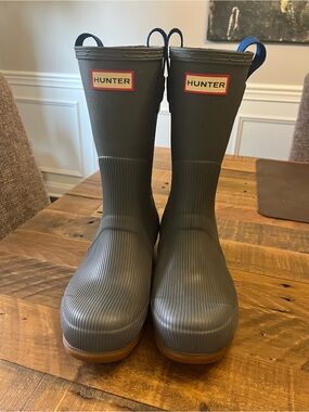 Hunter Waterproof Rain Boots in Grey/Blue Pull Tabs